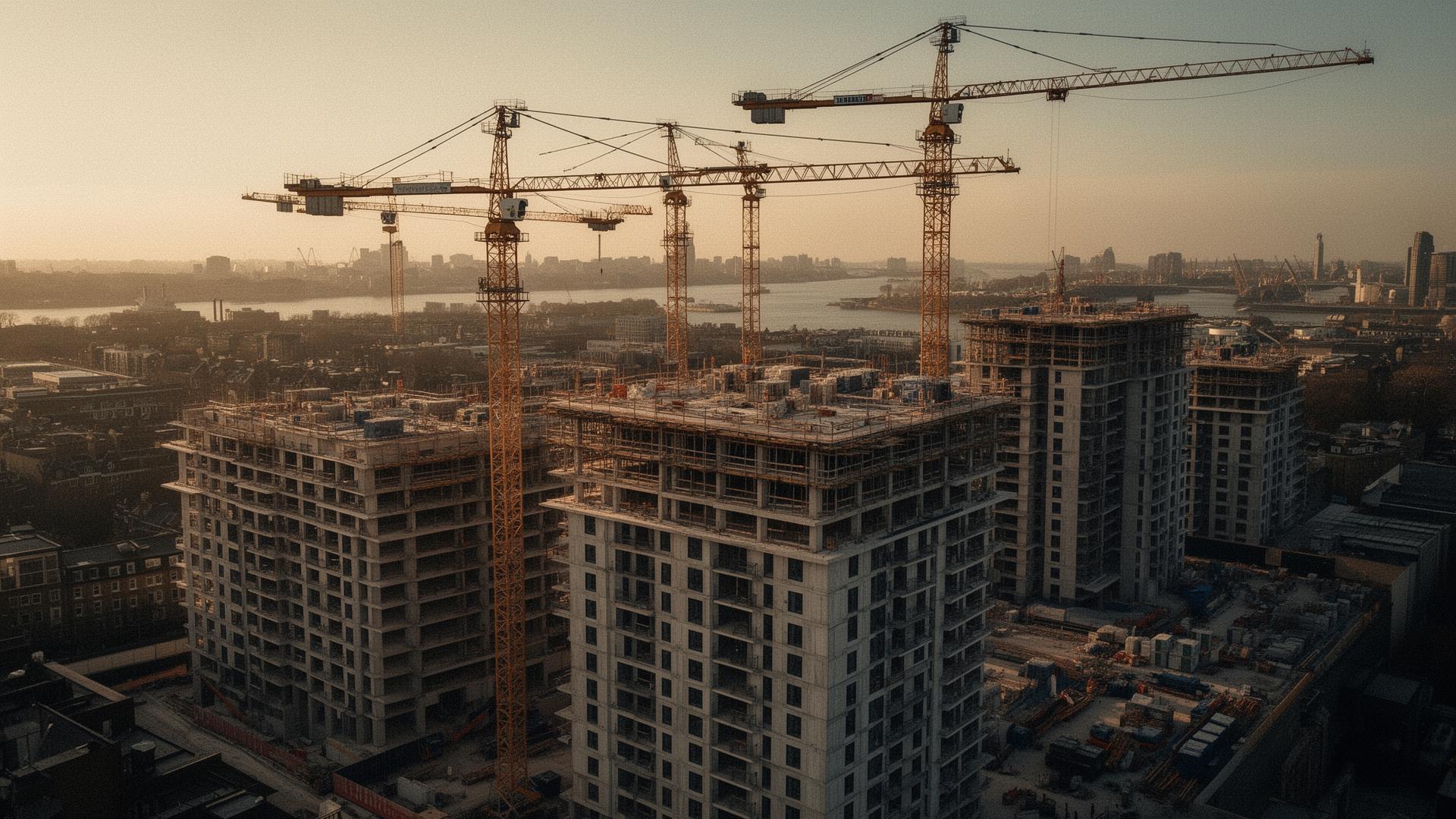 Multi-tower residential development under construction at golden hour