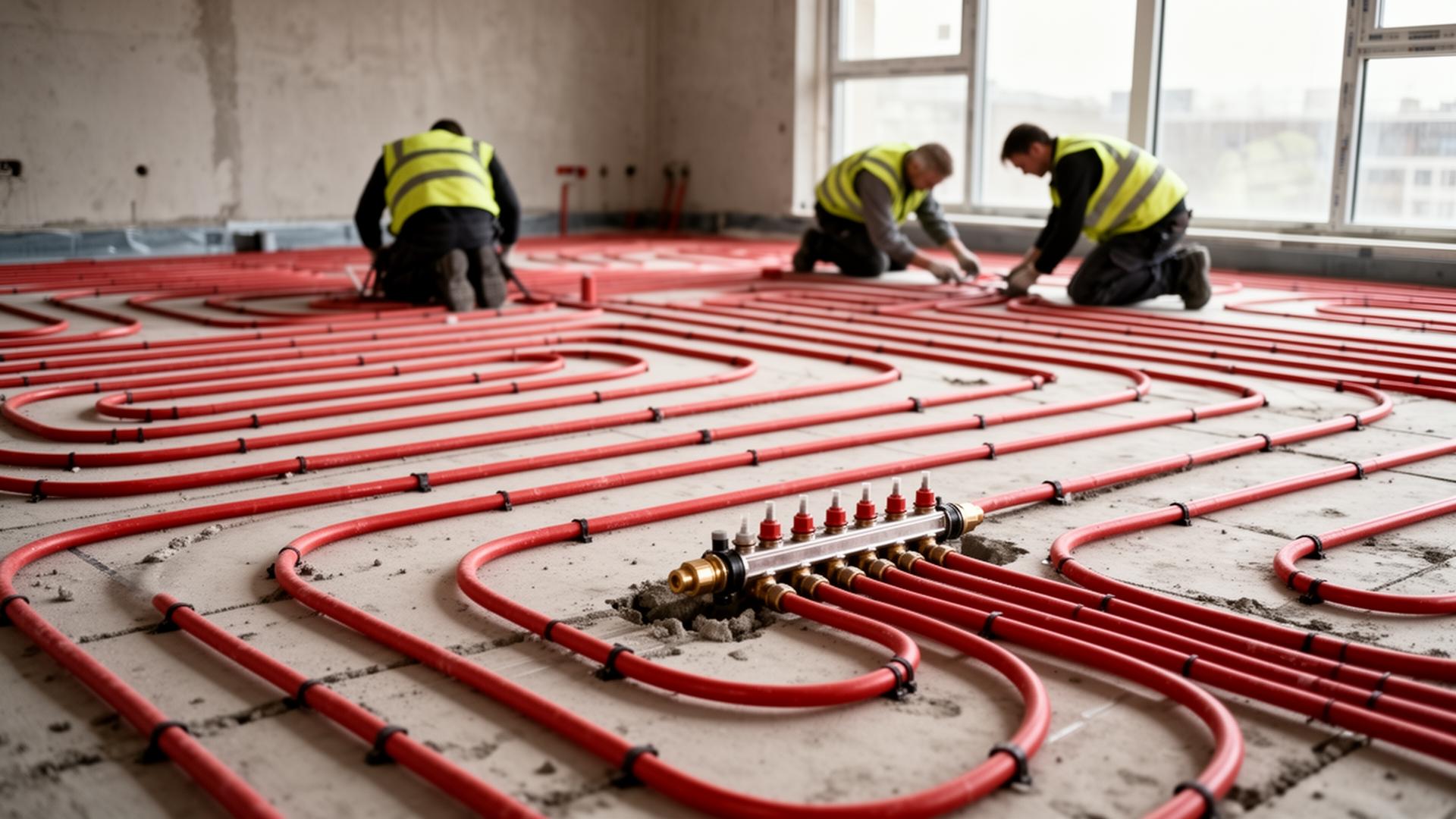 Underfloor heating pipework installed across a London apartment plate