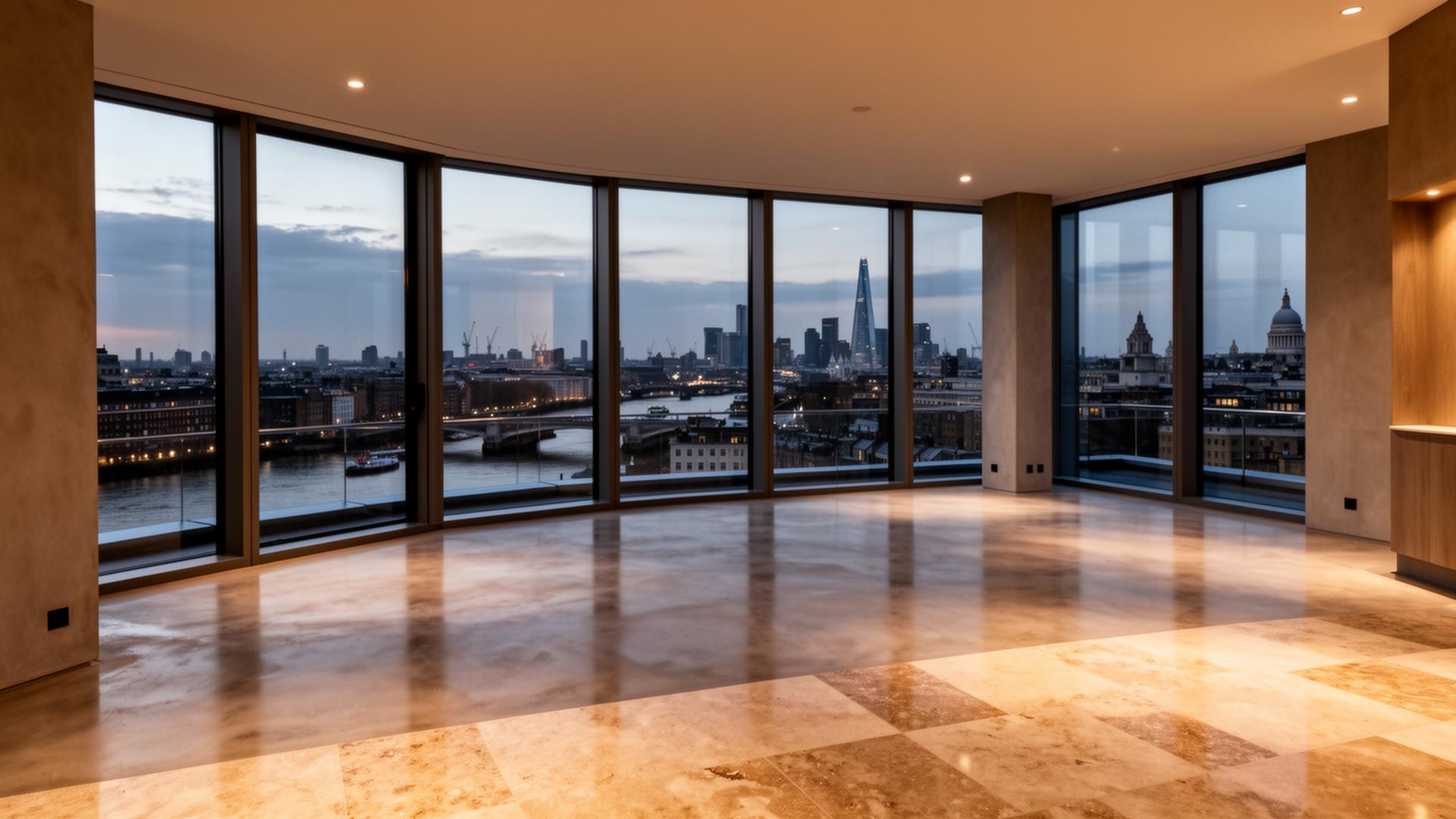 Completed penthouse interior with polished screed floor overlooking the Thames